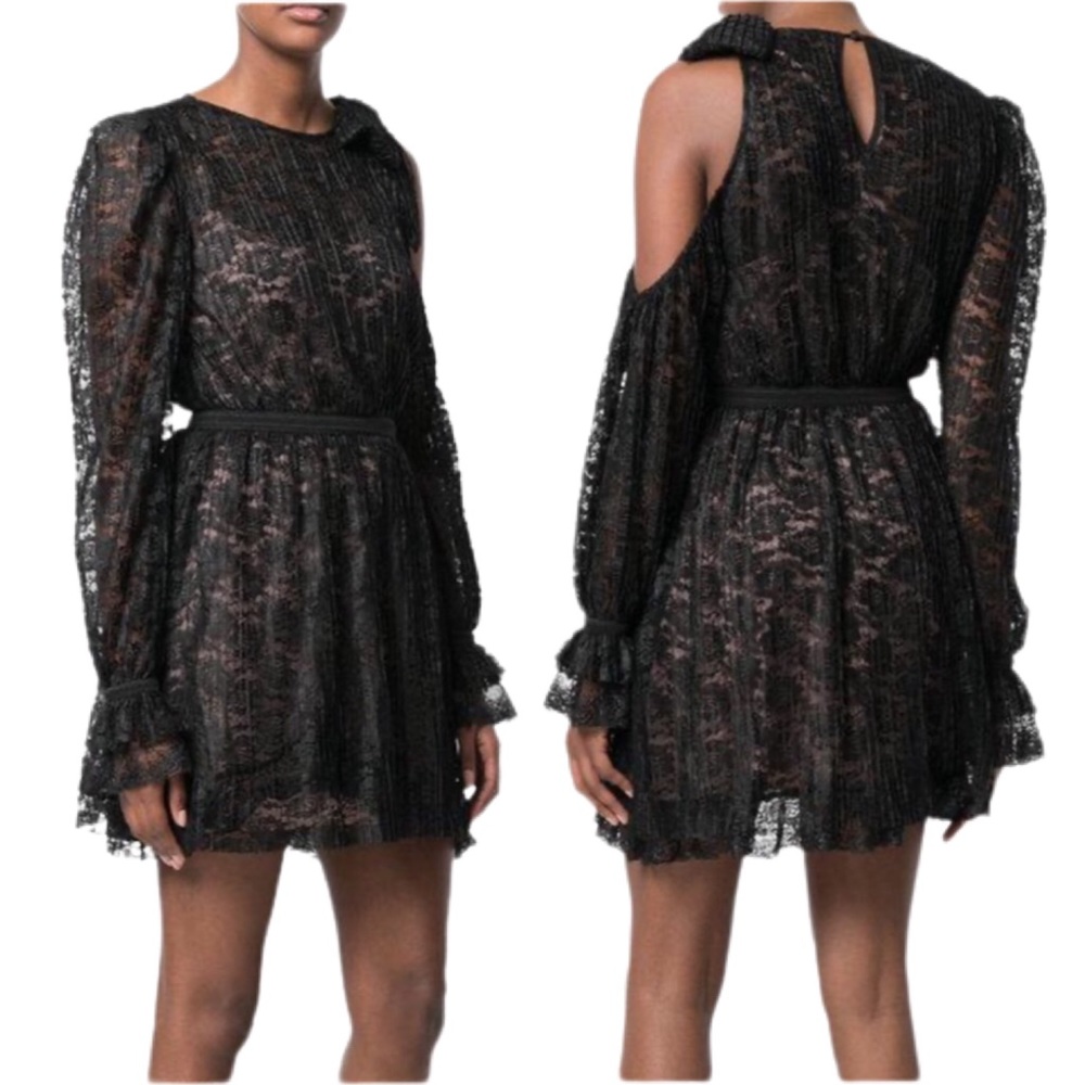 Three Floor Revolve Pleated Black Lace One Cold Shoulder Mini Dress LBD
